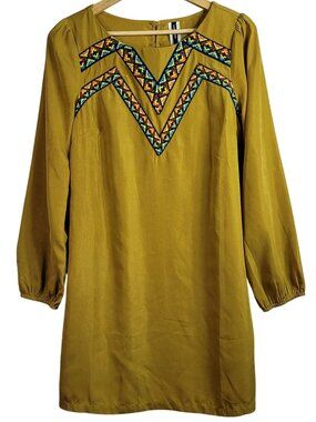 West 36th Women Boho Shift Dress Yellow Medium Pullover L/S Embroidered Peasant